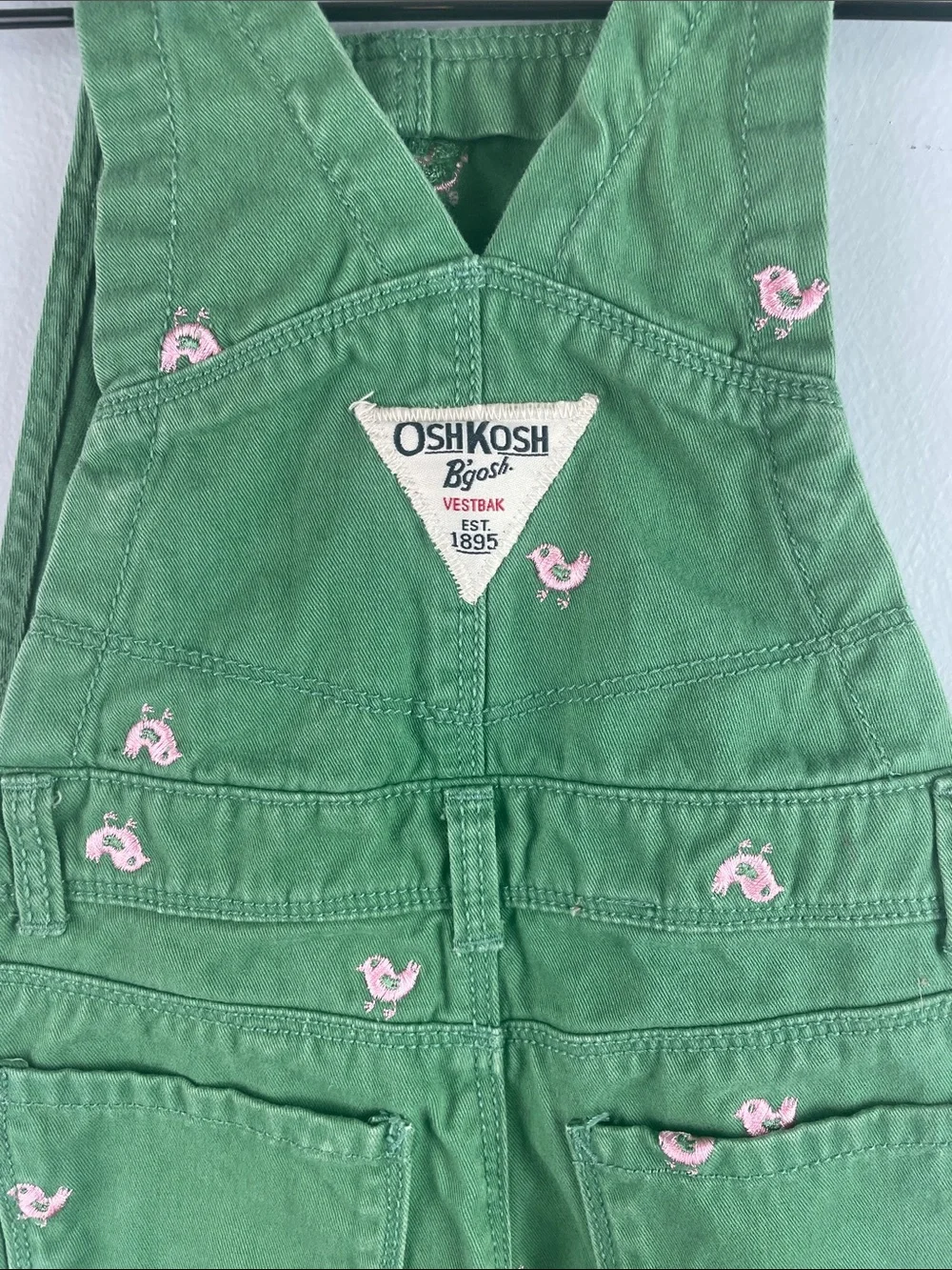 OshKosh B'gosh Green Overalls with Pink Embroidered Birds Size 3 toddler
